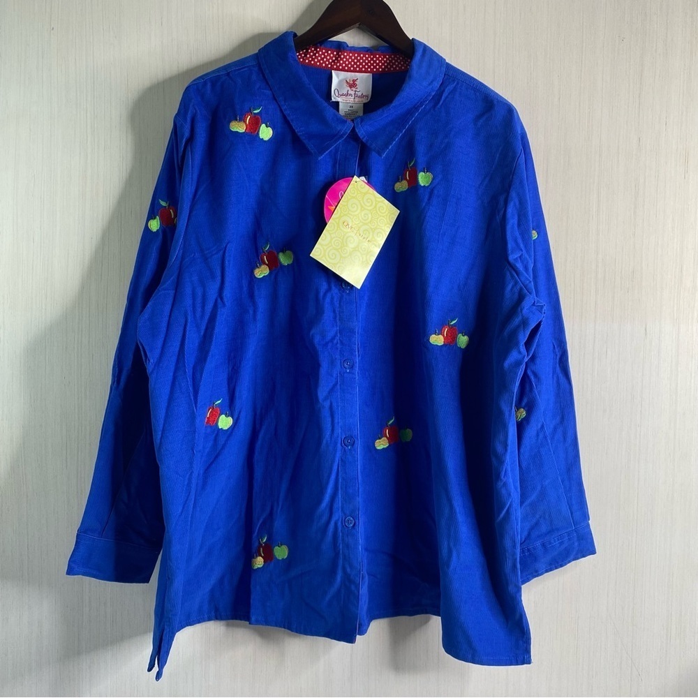 Quacker Factory Women’s Button Up Long Sleeve Blue Corduroy Embroidery Apples 3X